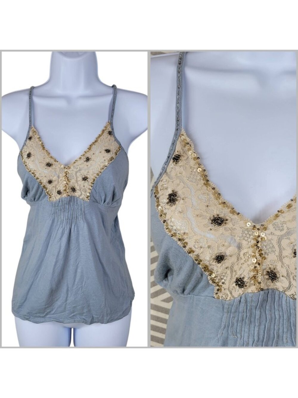 Xhilaration Babydoll Cami Tank Top Medium Beaded Lace Stretch Y2K Vintage Fairy